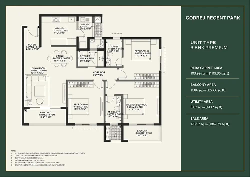 Godrej Regent Park 3 BHK floor plan, about 1,867 sq ft
