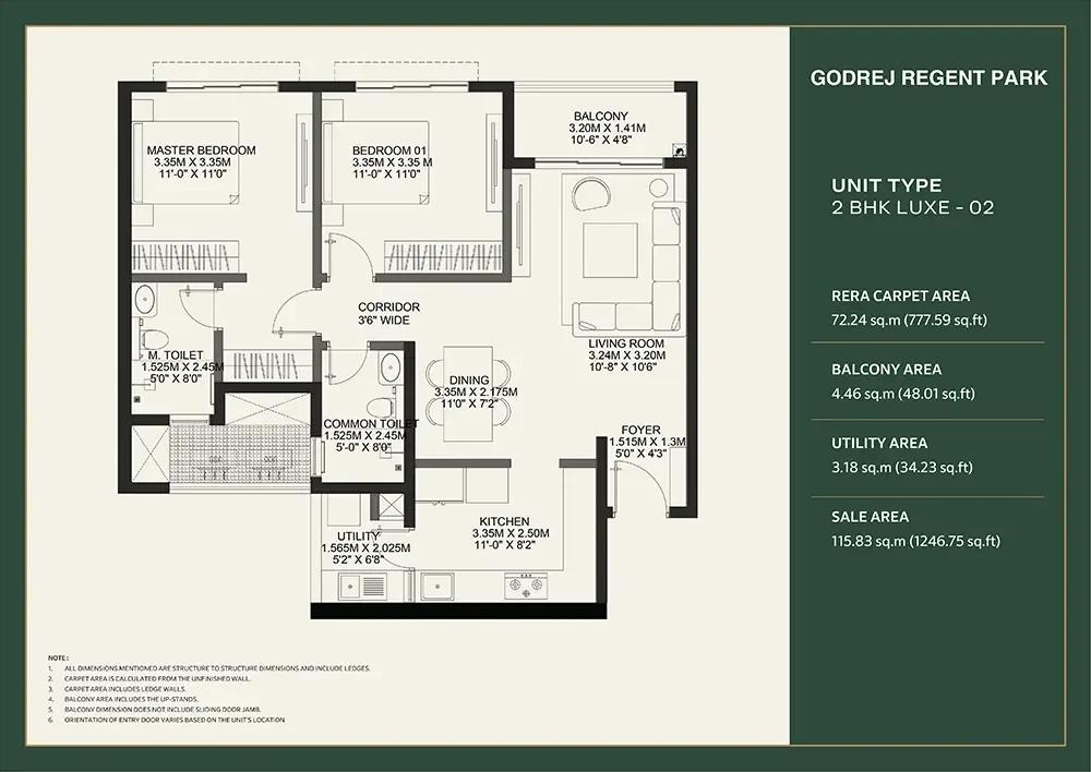 Godrej Regent Park 2 BHK floor plan, about 1,246 sq ft