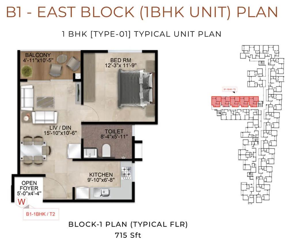 Nandi Meraki 1 BHK floor plan, about 715 sq ft