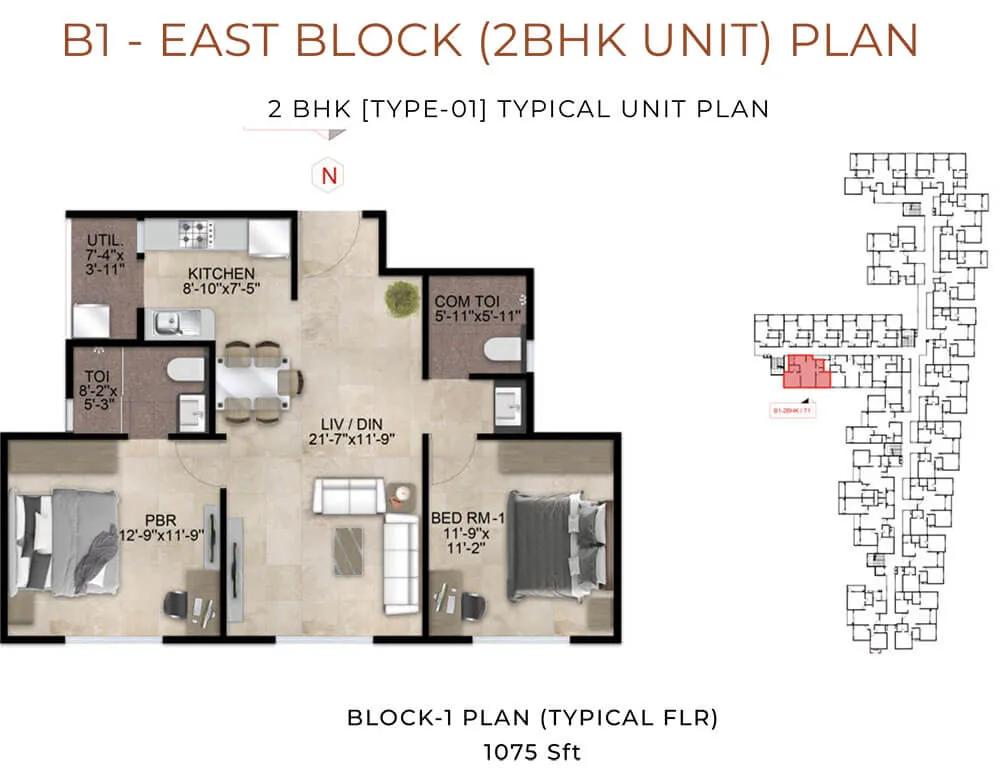 Nandi Meraki 2 BHK floor plan, about 1,075 sq ft