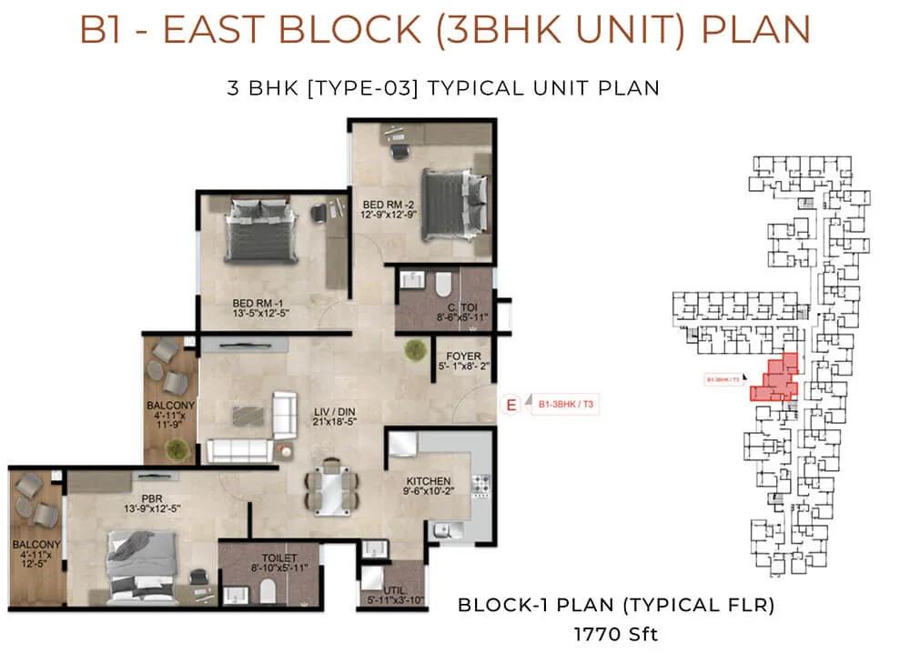 Nandi Meraki 3 BHK floor plan, about 1,770 sq ft