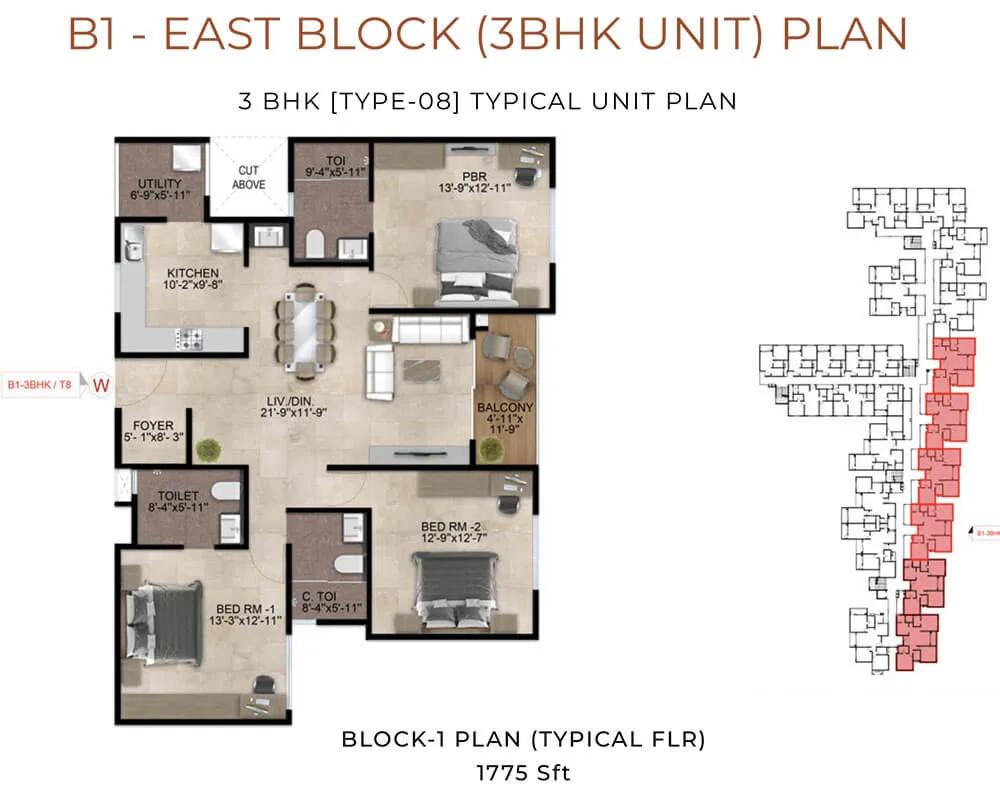 Nandi Meraki 3 BHK floor plan, about 1,775 sq ft