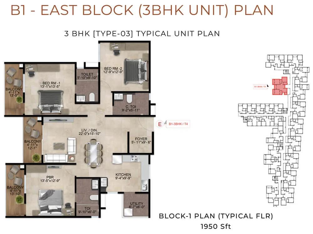 Nandi Meraki 3 BHK floor plan, about 1,950 sq ft