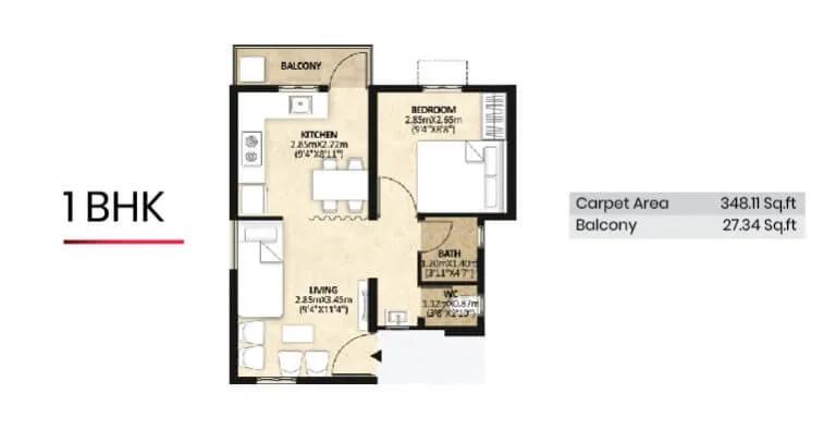 Mahindra Happinest Avadi 1 BHK floor plan, about 348 sq ft