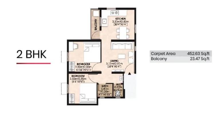 Mahindra Happinest Avadi 2 BHK floor plan, about 452 sq ft