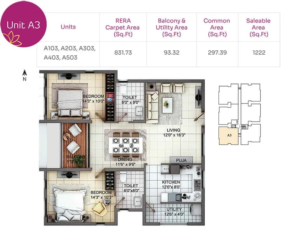 TVH Nivaan 2 BHK floor plan, about 1,222 sq ft