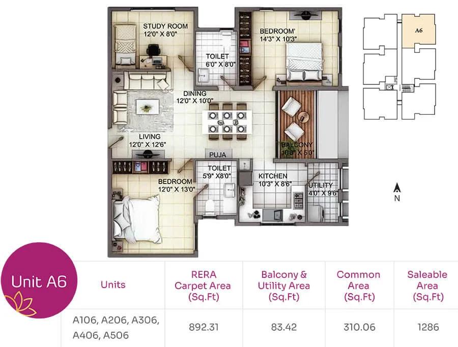 TVH Nivaan 2 BHK floor plan, about 1,286 sq ft