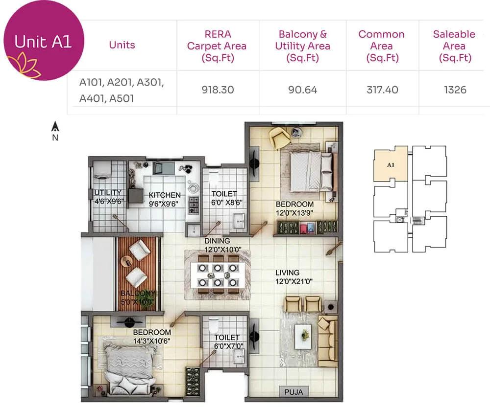 TVH Nivaan 2 BHK floor plan, about 1,326 sq ft