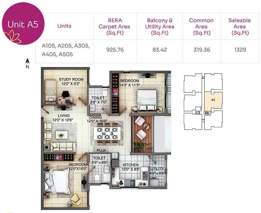 TVH Nivaan 2 BHK floor plan, about 1,329 sq ft