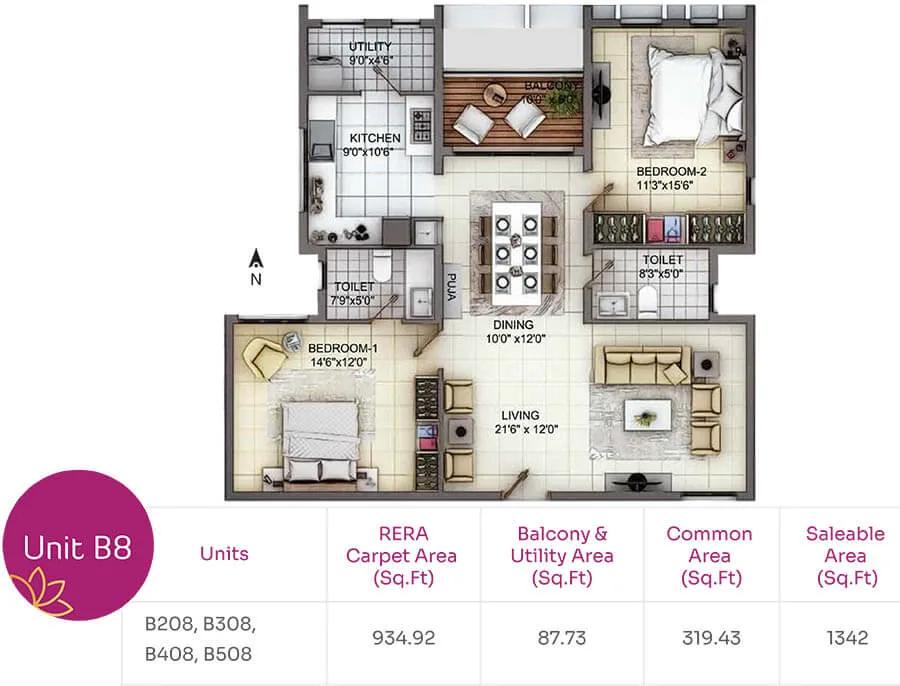 TVH Nivaan 2 BHK floor plan, about 1,342 sq ft