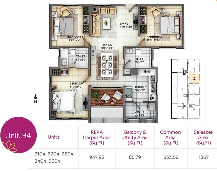 TVH Nivaan 3 BHK floor plan, about 1,367 sq ft