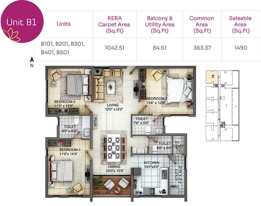 TVH Nivaan 3 BHK floor plan, about 1,490 sq ft