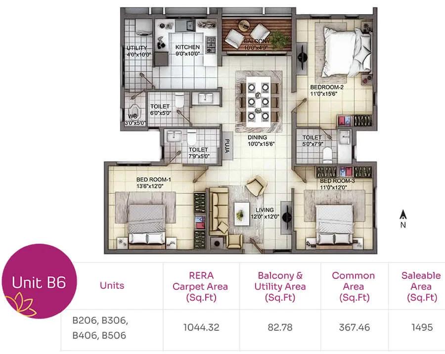 TVH Nivaan 3 BHK floor plan, about 1,495 sq ft