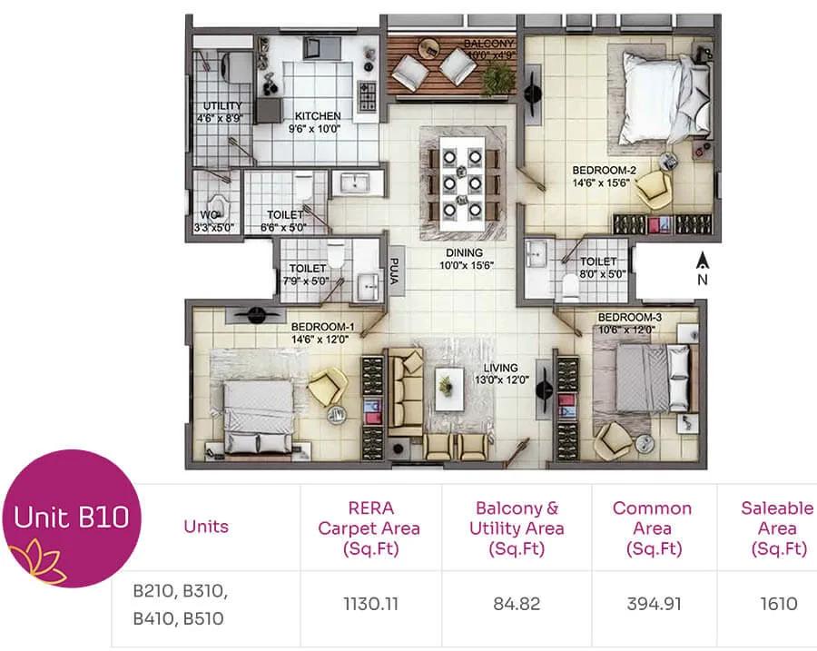 TVH Nivaan 3 BHK floor plan, about 1,610 sq ft