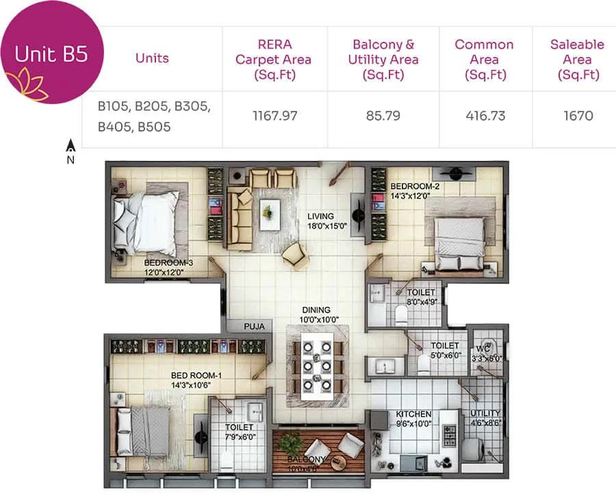 TVH Nivaan 3 BHK floor plan, about 1,670 sq ft