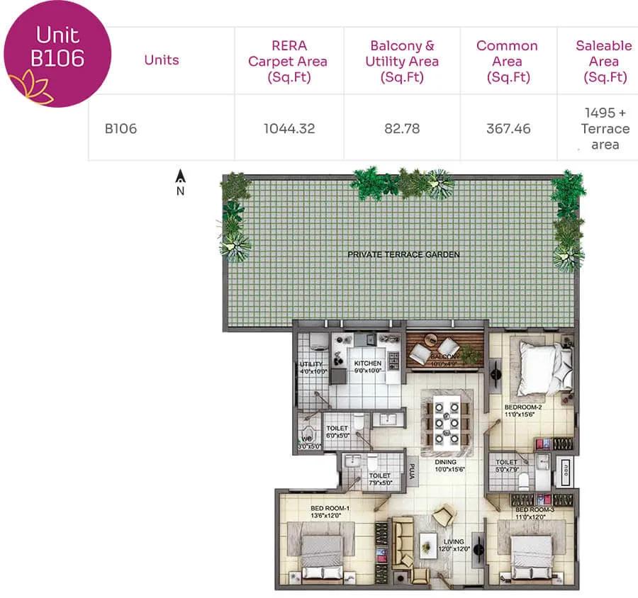 TVH Nivaan 3 BHK floor plan, about 1,495 sq ft