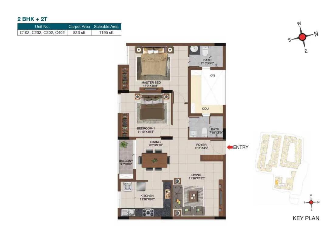 CasaGrand Castle 2 BHK floor plan, about 1,195 sq ft