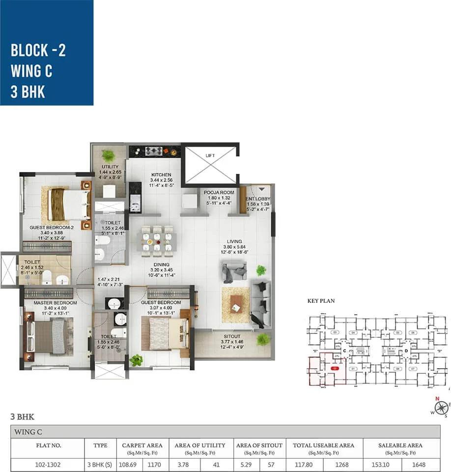 Pride Pegasus 3 BHK floor plan, about 1,648 sq ft