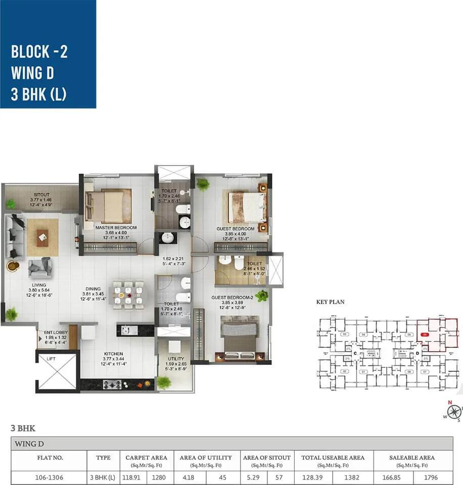 Pride Pegasus 3 BHK floor plan, about 1,796 sq ft