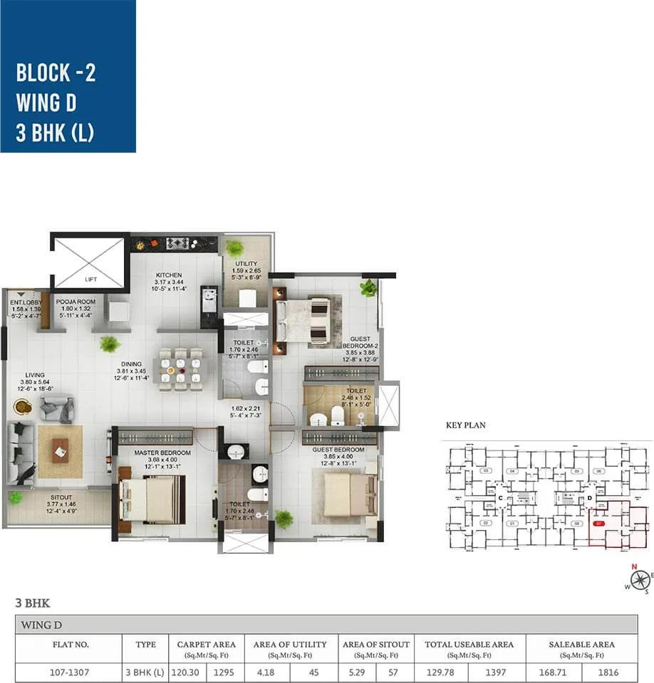 Pride Pegasus 3 BHK floor plan, about 1,816 sq ft