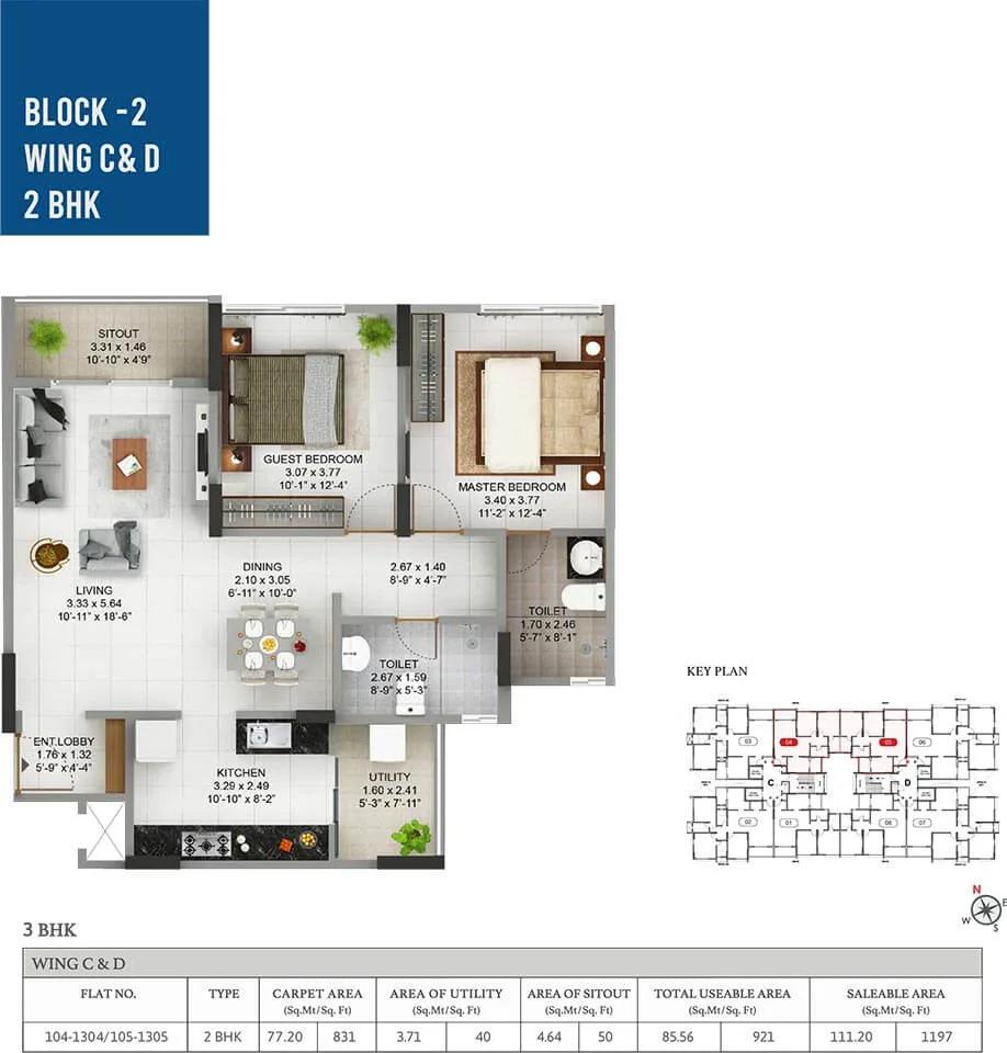Pride Pegasus 2 BHK floor plan, about 1,197 sq ft
