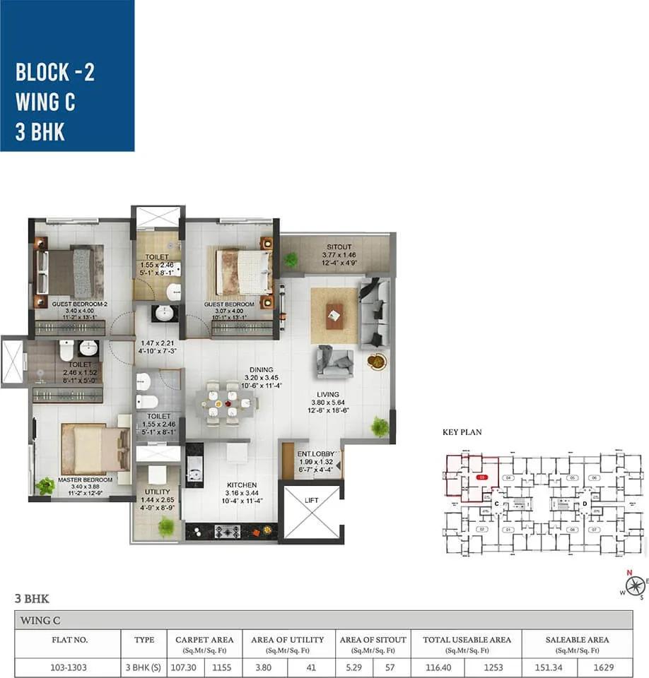 Pride Pegasus 3 BHK floor plan, about 1,629 sq ft