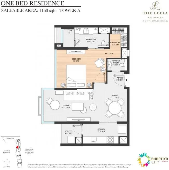 Leela Residences 1 BHK floor plan, about 1,163 sq ft