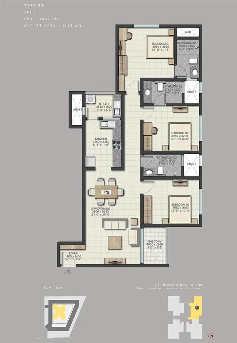 Sobha City Athena 3 BHK floor plan, about 1,682 sq ft