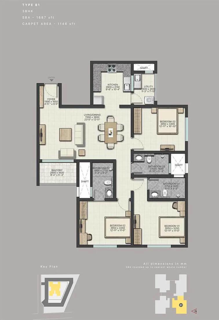 Sobha City Athena 3 BHK floor plan, about 1,687 sq ft