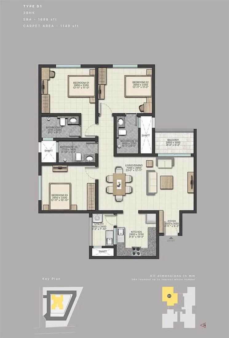 Sobha City Athena 3 BHK floor plan, about 1,688 sq ft