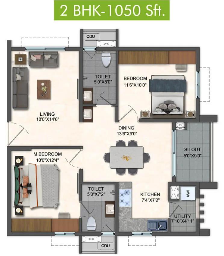 Pavani Mirabilia 2 BHK floor plan, about 1,050 sq ft