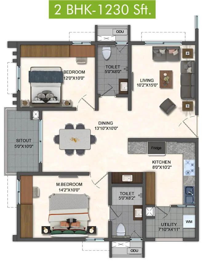 Pavani Mirabilia 2 BHK floor plan, about 1,230 sq ft