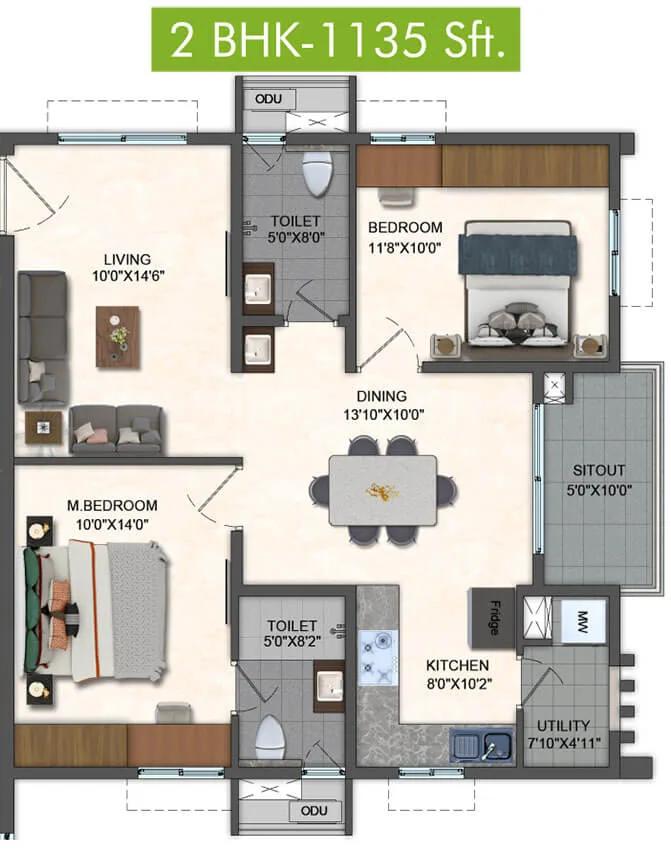 Pavani Mirabilia 2 BHK floor plan, about 1,135 sq ft