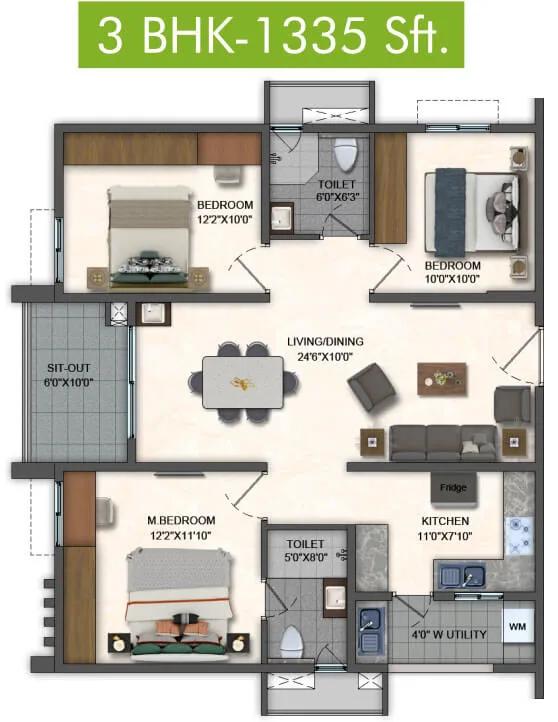 Pavani Mirabilia 3 BHK floor plan, about 1,335 sq ft