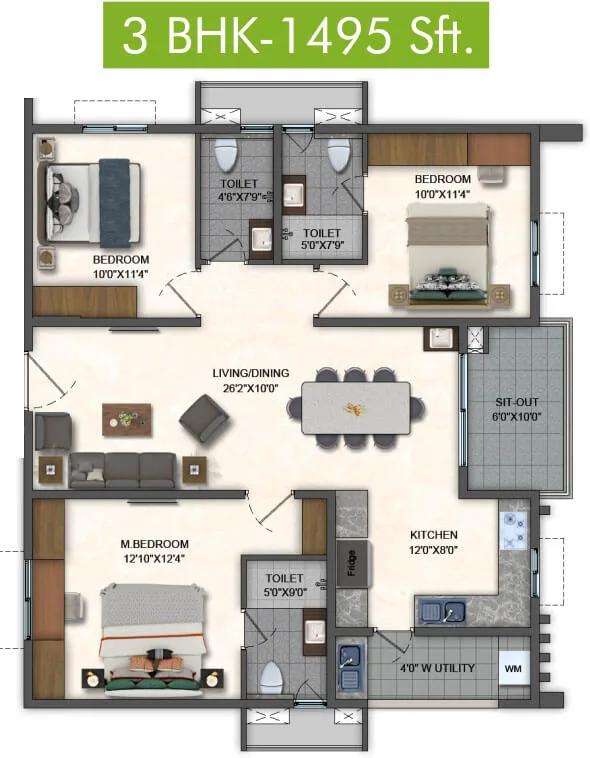 Pavani Mirabilia 3 BHK floor plan, about 1,495 sq ft