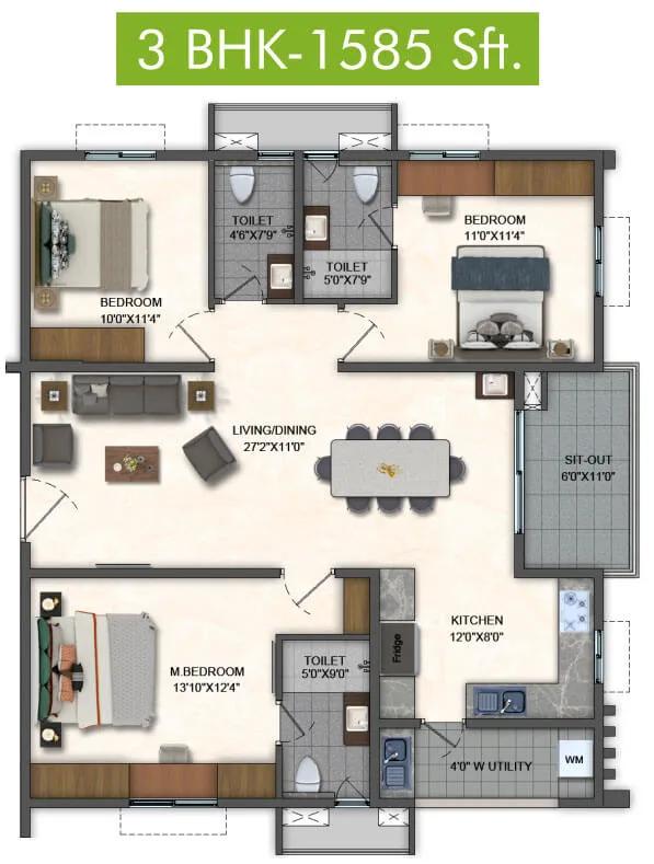 Pavani Mirabilia 3 BHK floor plan, about 1,585 sq ft