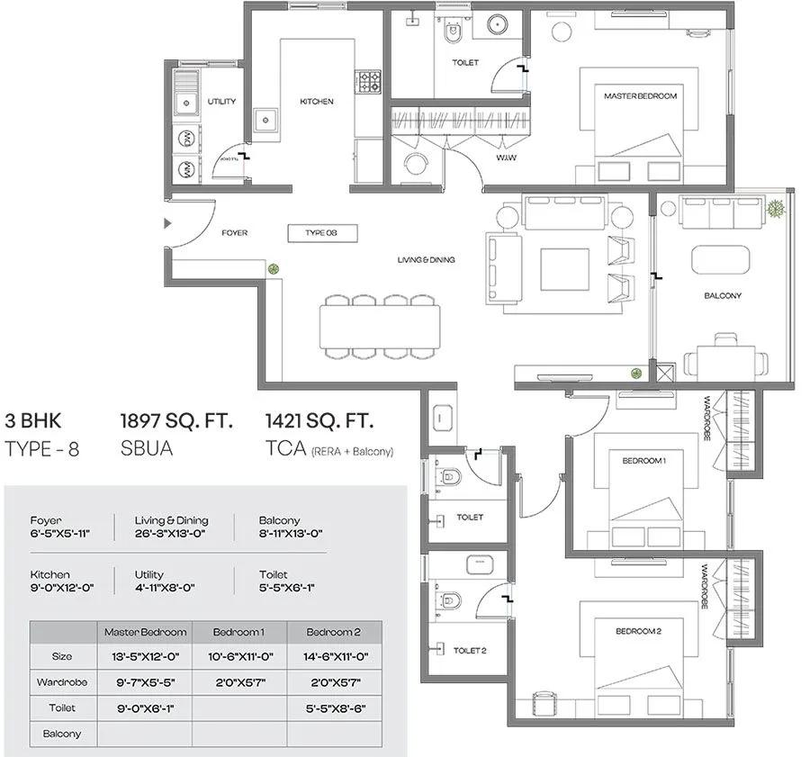 Assetz Codename Altitude 3 BHK floor plan, about 1,897 sq ft