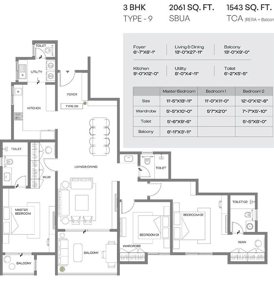 Assetz Codename Altitude 3 BHK floor plan, about 2,061 sq ft