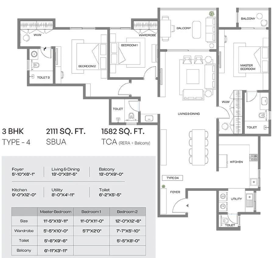 Assetz Codename Altitude 3 BHK floor plan, about 2,111 sq ft