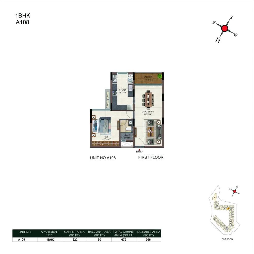 Casagrand Promenade Apartments 1 BHK floor plan, about 966 sq ft