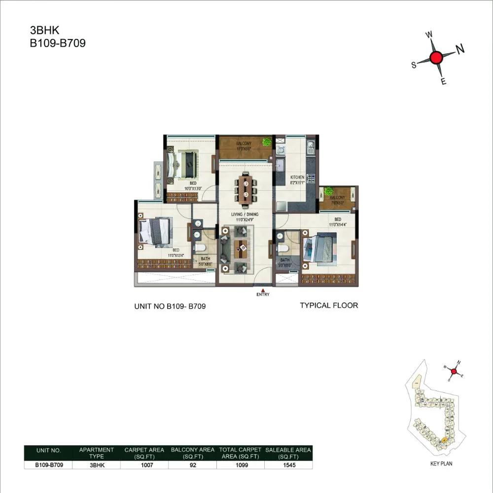 Casagrand Promenade Apartments 3 BHK floor plan, about 1,545 sq ft