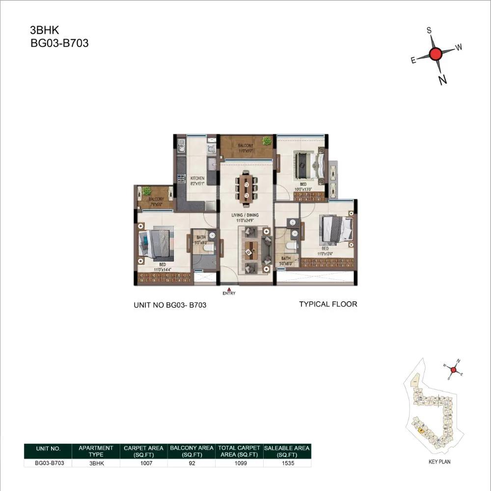 Casagrand Promenade Apartments 3 BHK floor plan, about 1,535 sq ft