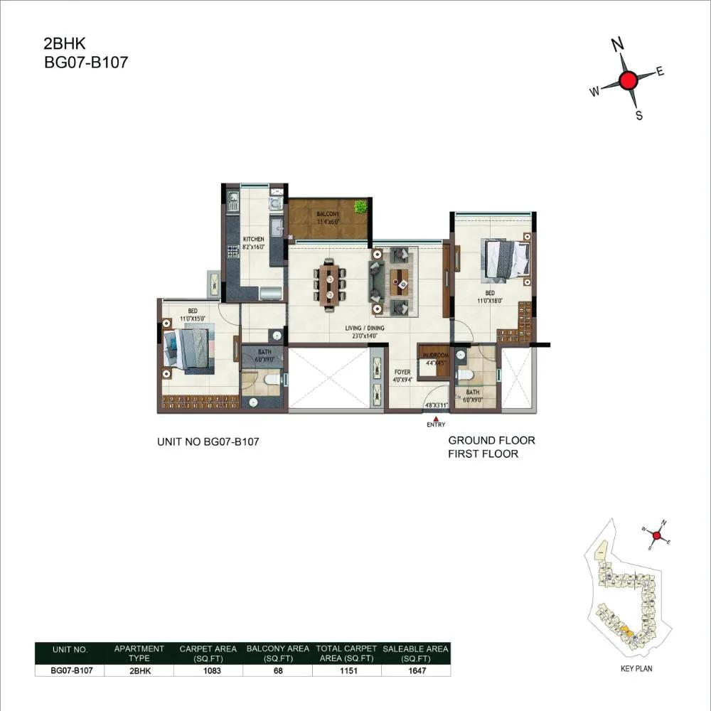 Casagrand Promenade Apartments 2 BHK floor plan, about 1,647 sq ft