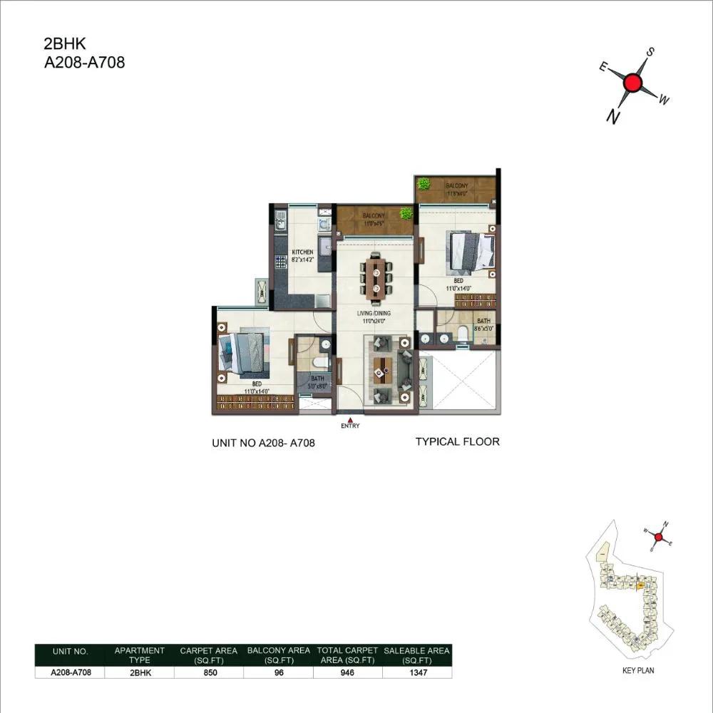 Casagrand Promenade Apartments 2 BHK floor plan, about 1,347 sq ft