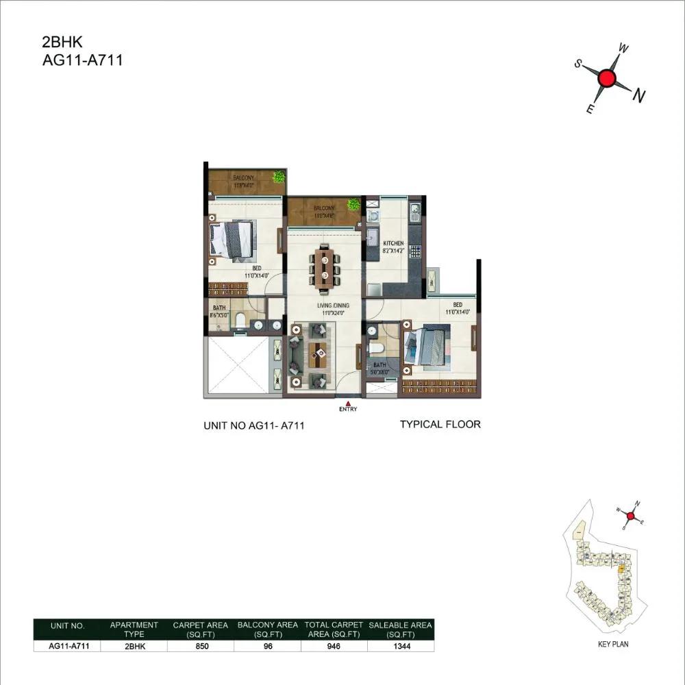 Casagrand Promenade Apartments 2 BHK floor plan, about 1,344 sq ft