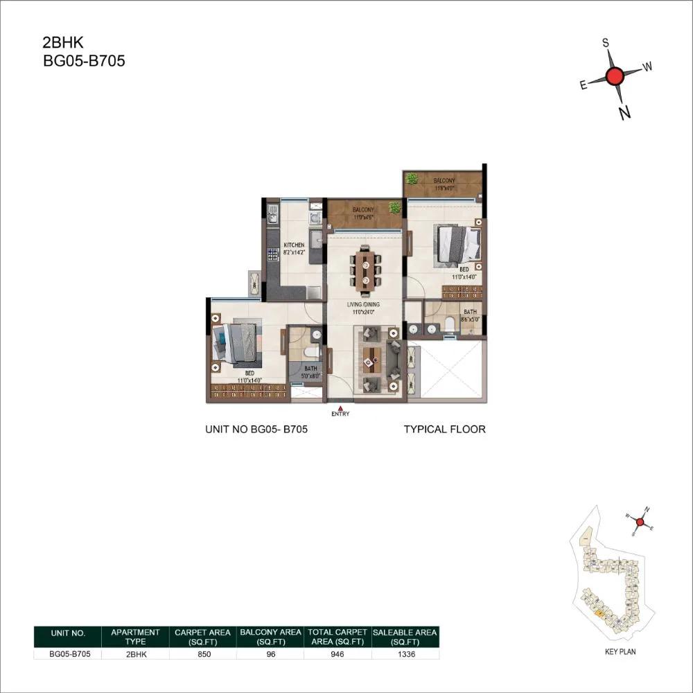 Casagrand Promenade Apartments 2 BHK floor plan, about 1,336 sq ft