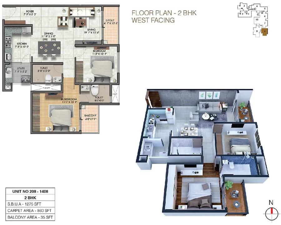 Sumadhura Sushantham 2 BHK floor plan, about 1,275 sq ft