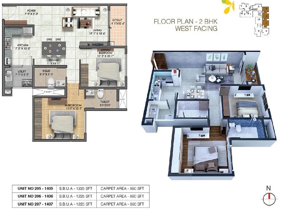 Sumadhura Sushantham 2 BHK floor plan, about 1,225 sq ft