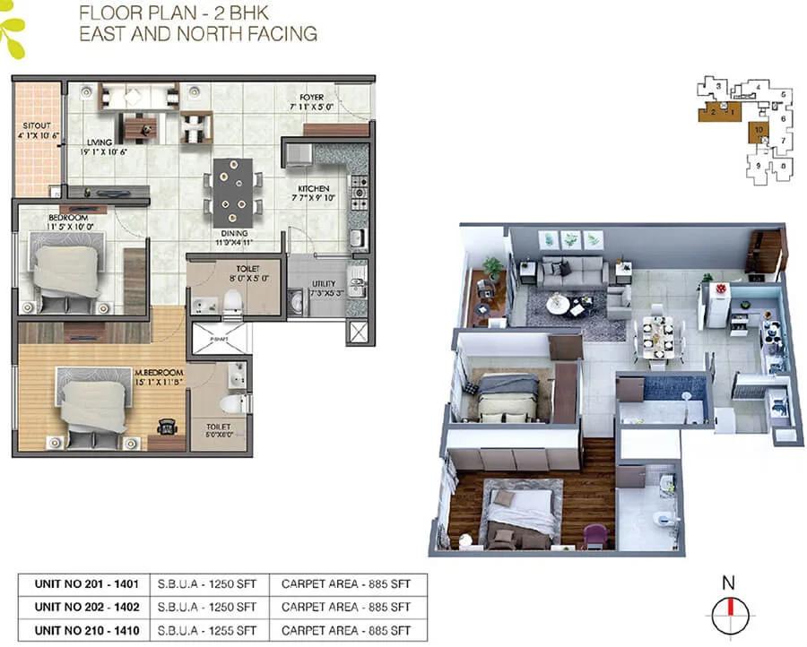 Sumadhura Sushantham 2 BHK floor plan, about 1,250 sq ft