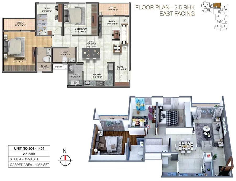 Sumadhura Sushantham 2.5 BHK floor plan, about 1,550 sq ft